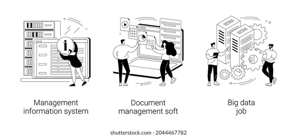 Conjunto de ilustraciones vectoriales de concepto abstracto de recopilación y análisis de información. Sistema de información de gestión, software de gestión de documentos, trabajo de big data, uso compartido en línea, visualización de metáfora abstracta.