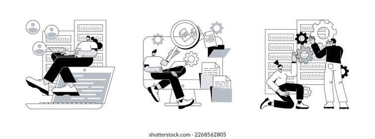 Information collection and analysis abstract concept vector illustration set. Management information system, document management soft, big data job, sharing online, visualization abstract metaphor.