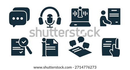 Information and communication excellent icon collection. Chat messages, podcast mic, analytics laptop, report presenter, checklist search, profile document, discussion table, scroll selection