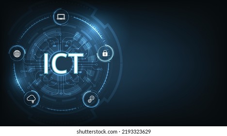  Information and communication technology concept(ICT).Information and communication technology on dark blue background.Wireless communication network. Intelligent system automation. 