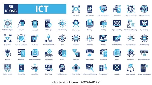 Information and Communication of Technology (ICT) fill icon collection set. Includes technology, communication, information, network, business, internet, digital, connection, system