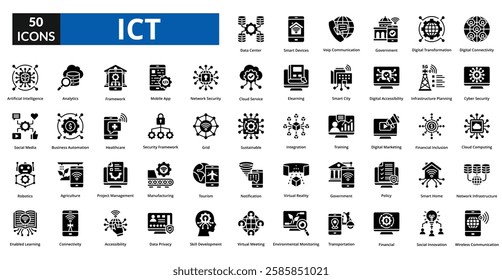Information and Communication of Technology (ICT) glyph icon collection set. Includes technology, communication, information, network, business, internet, digital, connection, system
