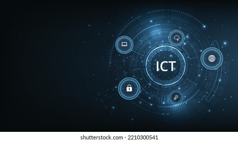  Information and communication technology (ICT)concept.Information and communication technology on dark blue background.Wireless communication network. Intelligent system automation. 