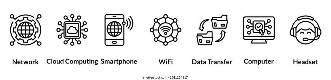 Conjunto de ícones da linha Tecnologia de informação e comunicação. Rede, Computação em nuvem, Smartphone, Wi fi, Transferência de dados, Computador, Headset