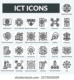 information communication and technology vector line icon set