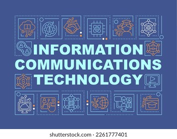 Information communication technology word concepts dark blue banner. Infographics with editable icons on color background. Isolated typography. Vector illustration with text. Arial-Black font used