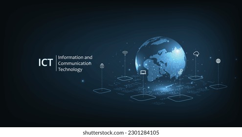 Concepto de tecnología de la información y la comunicación (TIC).Tecnología de la información y la comunicación sobre el fondo azul oscuro.Red de comunicación inalámbrica. Automatización inteligente del sistema.