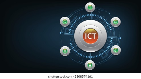 Concepto de tecnología de la información y la comunicación (TIC).Tecnología de la información y la comunicación sobre el fondo azul oscuro.Red de comunicación inalámbrica. Automatización inteligente del sistema.