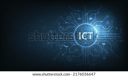  Information and communication technology(ICT)concept.Information and communication technology on dark blue background.Wireless communication network. Intelligent system automation. 