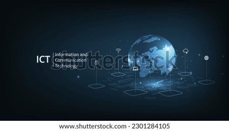 Information and communication technology(ICT)concept.Information and communication technology on dark blue background.Wireless communication network. Intelligent system automation.