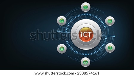 Information and communication technology(ICT)concept.Information and communication technology on dark blue background.Wireless communication network. Intelligent system automation.