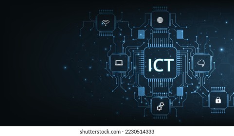 Information and communication technology(ICT)design.Information and communication technology on dark blue background.Wireless communication network. Intelligent system automation.