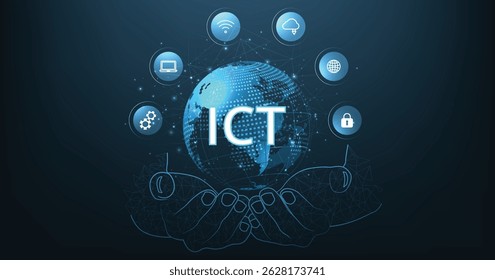 Tecnología de la información y la comunicación (TIC) design.Information y tecnología de la comunicación sobre fondo azul oscuro. Red de comunicación inalámbrica. Automatización inteligente del sistema.	