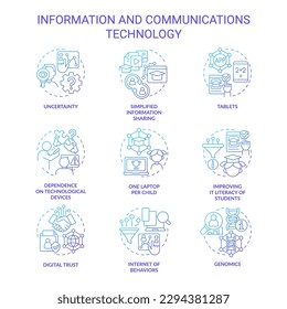 Information and communications technology blue gradient concept icons set. ICT development idea thin line color illustrations. Isolated symbols. Roboto-Medium, Myriad Pro-Bold fonts used