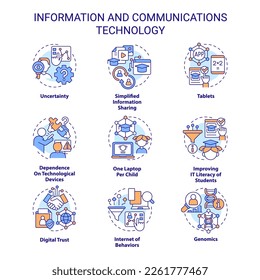 Information and communications technology concept icons set. ICT development idea thin line color illustrations. Isolated symbols. Editable stroke. Roboto-Medium, Myriad Pro-Bold fonts used