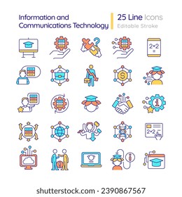 Desarrollo de tecnología de la información y las comunicaciones Juego de iconos de color RGB. Industria de las TIC en el procesamiento de datos. Ilustraciones vectoriales aisladas. Colección de planos de línea simple rellena. Trazo editable