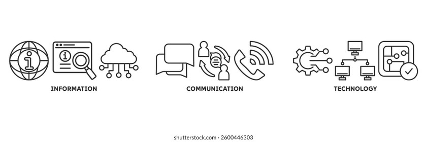 Information and Communications Technology (ICT) Banner with icon of antenna, radio, network, website, database, cloud, server, data, electronic, and processor