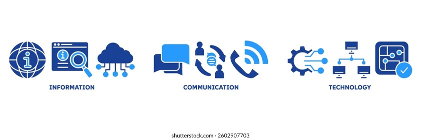 Information and Communications Technology (ICT) Banner with icon of antenna, radio, network, website, database, cloud, server, data, electronic, and processor