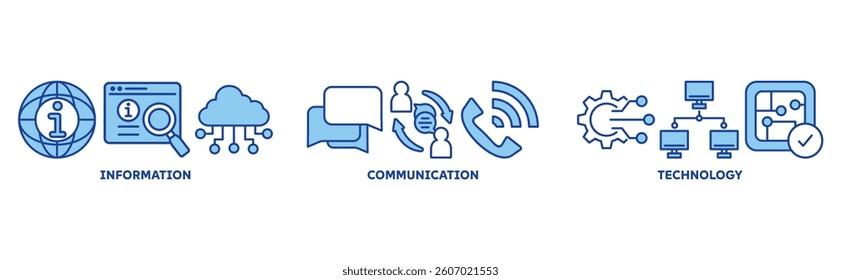 Information and Communications Technology (ICT) Banner with icon of antenna, radio, network, website, database, cloud, server, data, electronic, and processor