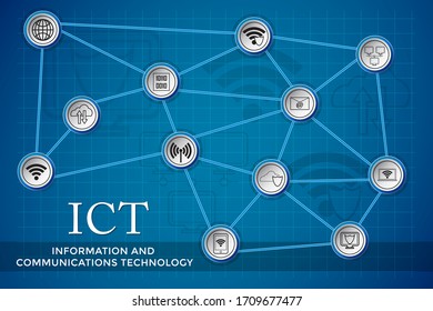 Information and Communications Technology (ICT) concept. Network of ICT elements icons on a blue toned background.  Poster design or template. Landscape orientation