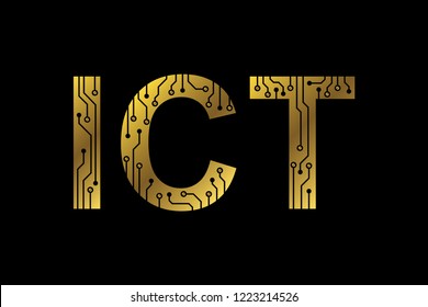 Information Communications and Technology (ICT) typographic logo in metallic gold in black background. Circuitry diagram runs thru the letters. EPS 10 vector.