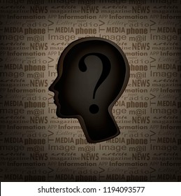information concept, man profile with question sign inside and text pattern outside, mass media and human  concept, vector,

