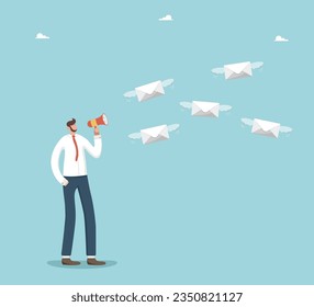Information concept and targeting, communication via e-mail, sending a message and business correspondence between company employees, businessman speaks into loudspeaker from which envelopes fly out.