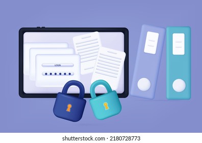 Information confidentially online 3d. Electronic document, file, user manual. Secure access to private data on the computer. Monitor screen, securely protected by a lock. Online authorization. Vector.