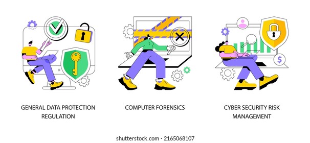 Information control and security abstract concept vector illustration set. General data protection regulation, computer forensics, cyber security risk management, digital threat abstract metaphor.