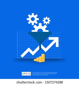 information data collection of filter concept with funnel, money, and graph object element. digital marketing analysis for business strategy concept. Flat Design Vector Illustration