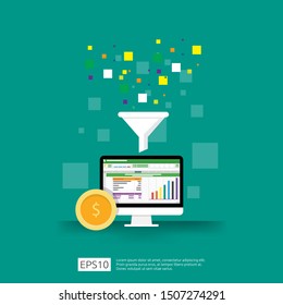 information data collection of filter concept with funnel, money, and graph object element. digital marketing analysis for business strategy concept. Flat Design Vector Illustration