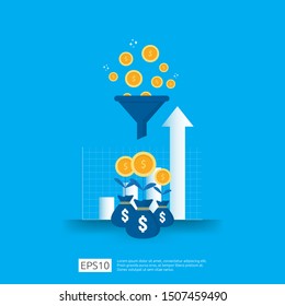 information data collection of filter concept with funnel, money, and graph object element. digital marketing analysis for business strategy concept. Flat Design Vector Illustration