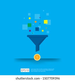 Information Data Collection Of Filter Concept With Funnel, Money, And Graph Object Element. Digital Marketing Analysis For Business Strategy Concept. Flat Design Vector Illustration