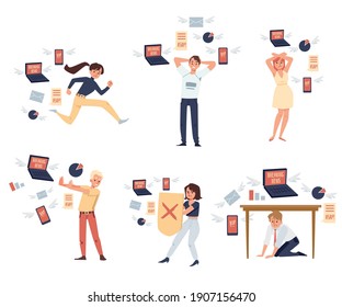 Information and data overload. People experience stress and tired due to lot of breaking news from internet and try to push away, run away or hide from it. Vector flat illustration