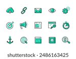 Information and data - set of line design style icons. SEO idea. High quality images of cloud storage, link, letter, browser, gears for settings, speaker, Internet and web search