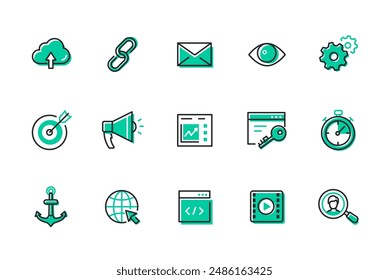 Information and data - set of line design style icons. SEO idea. High quality images of cloud storage, link, letter, browser, gears for settings, speaker, Internet and web search