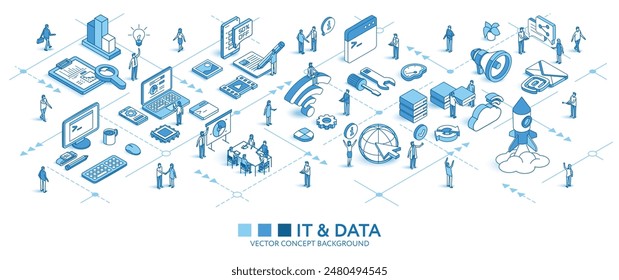 Information data technology isometric seamless pattern. Database program line 3d icon, people character, arrow. Develop business infograph. Vector background teamwork concept illustration. IT journey