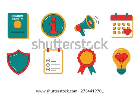 Information day icon set, help desk sign, loudspeaker notice, calendar reminder, travel document card, security shields, award ribbon, idea bulb