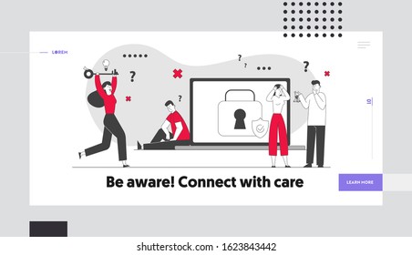 Information Defend Website Landing Page. Sad Man Sitting at Huge Laptop Suffering about Lost Account Password. Happy Woman Run with Key Web Page Banner. Cartoon Flat Vector Illustration, Line Art