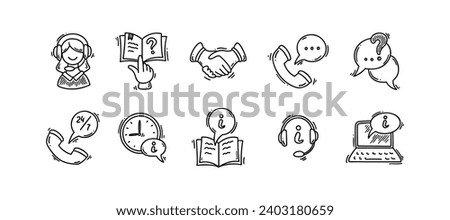 Information desk doodle icon set. Hand drawn sketch customer help info service vector illustration. Contact us, faq, call centre, client counter, reception concept.