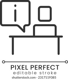 Information desk pixel perfect linear icon. Helpdesk service for clients. Customer consulting. Thin line illustration. Contour symbol. Vector outline drawing. Editable stroke. Poppins font used