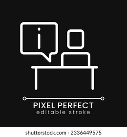 Information desk pixel perfect white linear icon for dark theme. Helpdesk service. Customer consulting. Thin line illustration. Isolated symbol for night mode. Editable stroke. Poppins font used