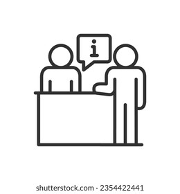 Information desk, reception, linear icon. Person answers a question at the table, tells information to another person. Counsellor. Line with editable stroke