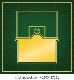 Information Desk sign. Golden icon with gold contour at dark green gridded white background. Illustration.