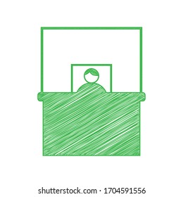 Informationsschalter. Grünes, schreibendes Symbol mit fester Kontur auf weißem Hintergrund. Illustration.