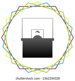 Information Desk sign. Vector. Black icon with patch of light inside colorful hexagonal frames at white background.