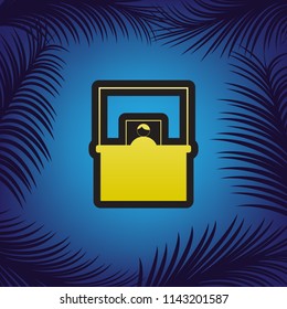 Information Desk sign. Vector. Golden icon with black contour at blue background with branches of palm trees.