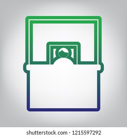 Information Desk sign. Vector. Green to blue gradient contour icon at grayish background with light in center.