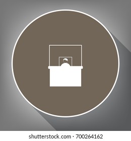 Information Desk sign. Vector. White icon on brown circle with white contour and long shadow at gray background. Like top view on postament.