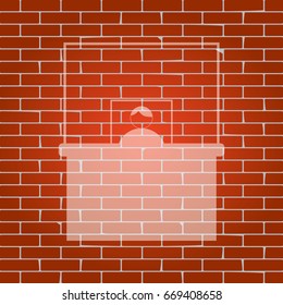 Information Desk sign. Vector. Whitish icon on brick wall as background.